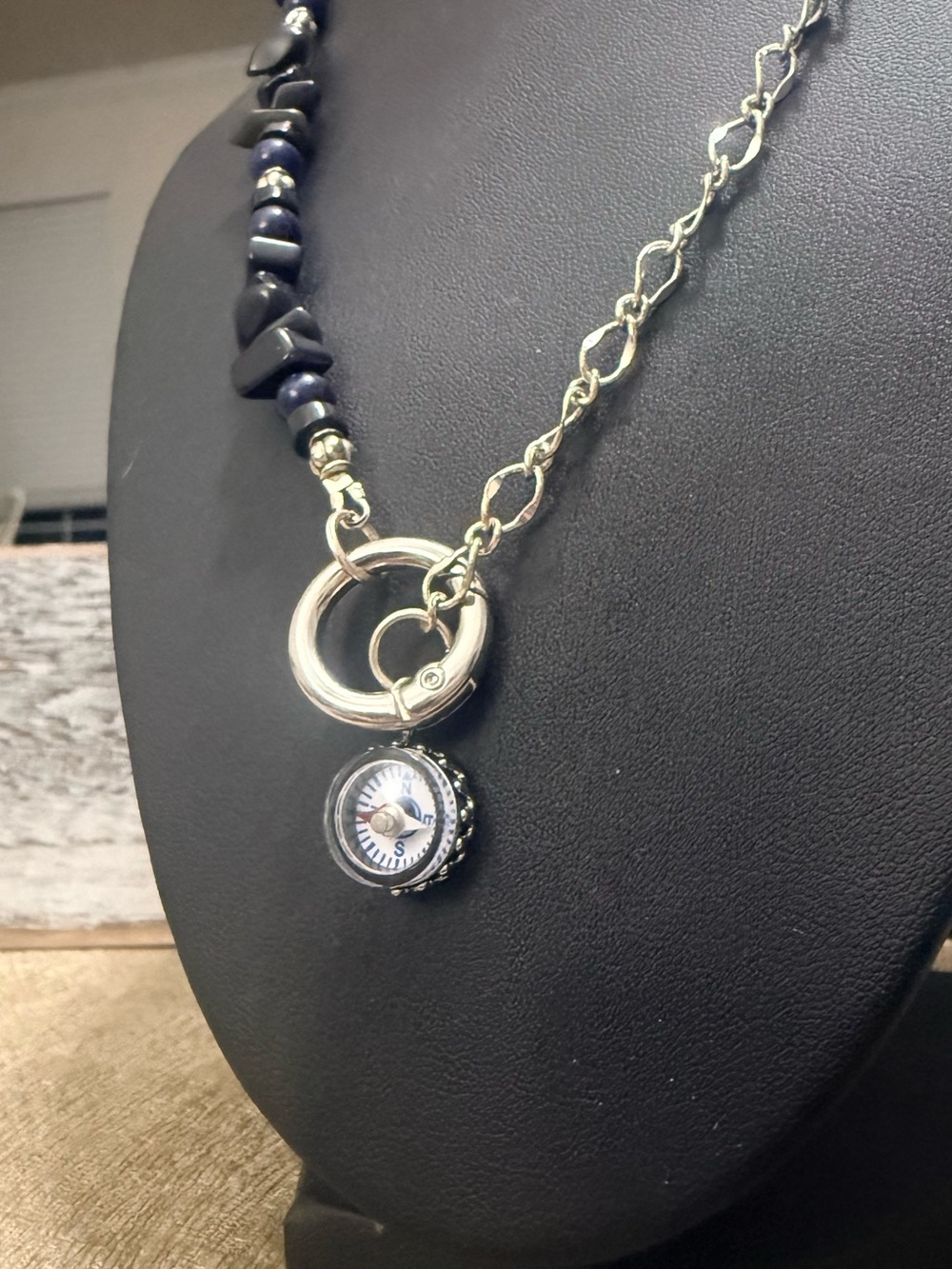 Silver Chain Necklace with Navy Beads and Compass Charm